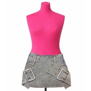 Y2K Buckle Denim Mini Skirt | Low Rise Clubcore Silver Hardware | Size S